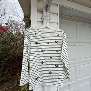 NWT Talbots Fun Embroidered Car With Tree Wreath Green Stripe Top